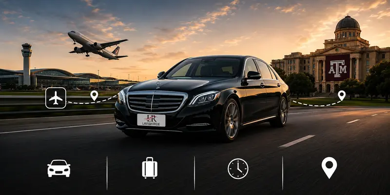 Luxury Mercedes-Benz sedan with the official Lavish Ride logo on the front license plate traveling between Houston Airport and Texas A&M University, representing premium private airport transportation to College Station